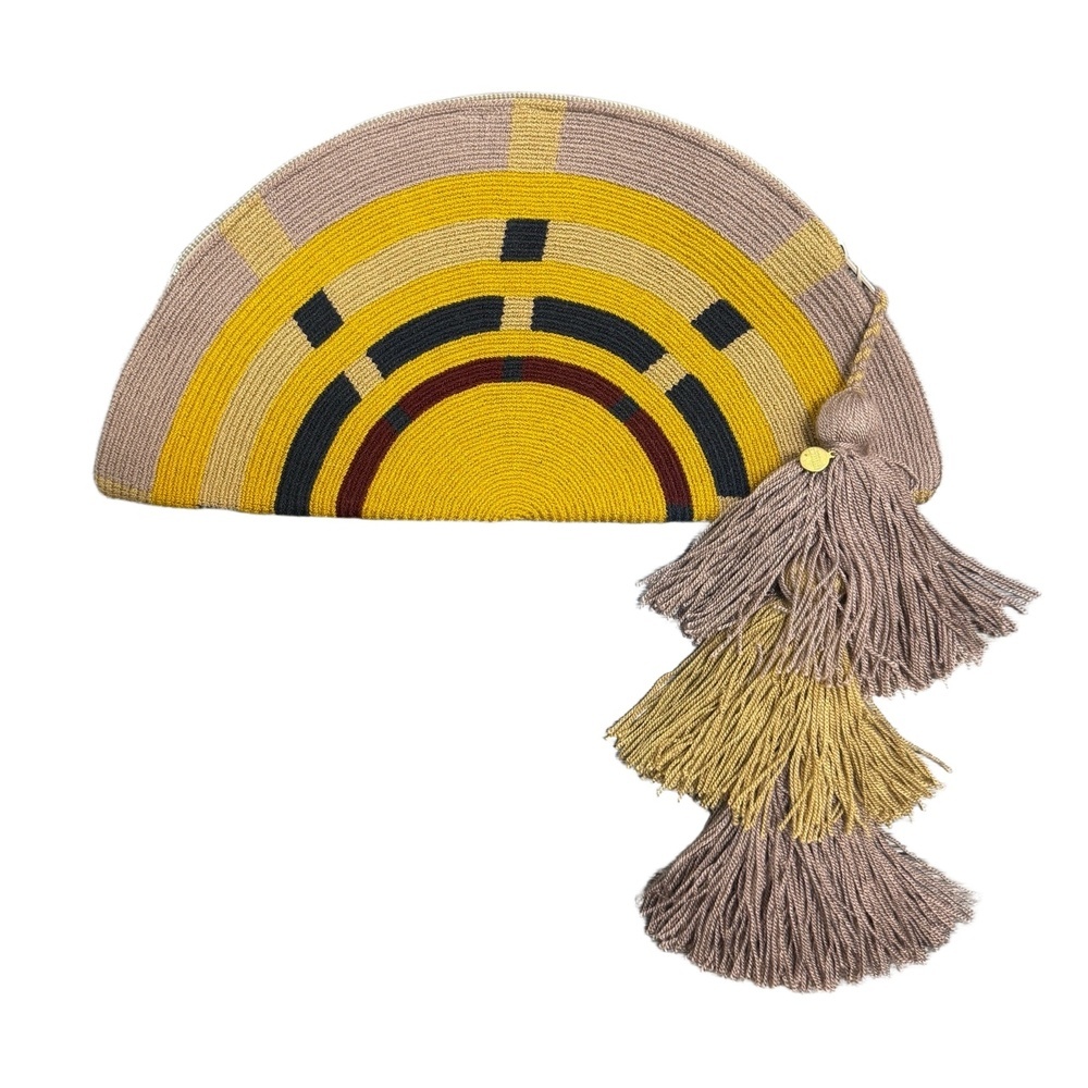 Guanabana Clutch Bag Halfmoon Yellow Taupe Black Beaded Tassel Handmade Boho